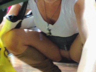 Upskirt of exhibitionist wifey shopping with no panties and flashing cunt